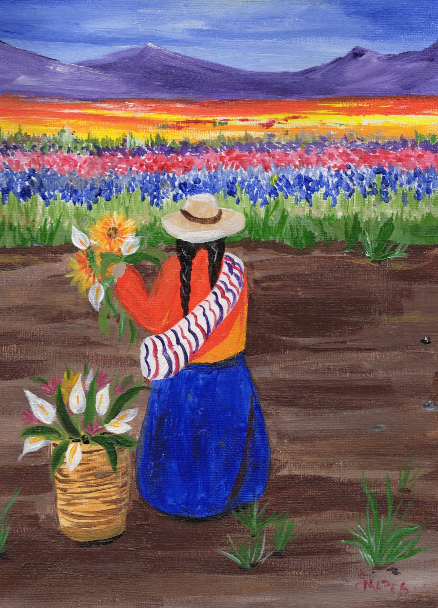 Tarjeta de felicitación con impresión de pintura acrílica original "Recolectando flores en Perú".