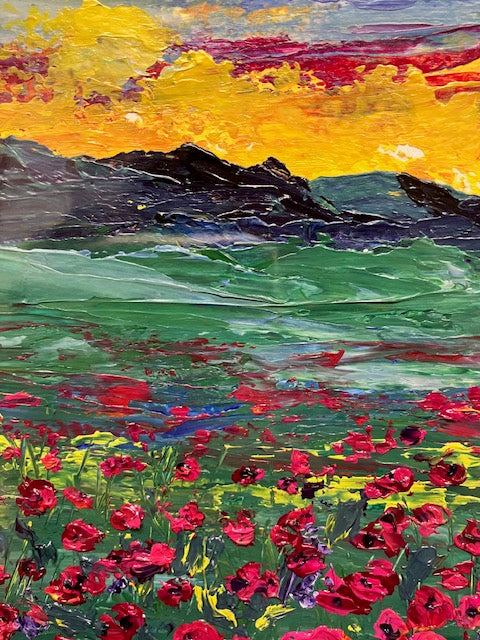 "Poppy Sunset" Original Acrylic Impasto Painting Notecard