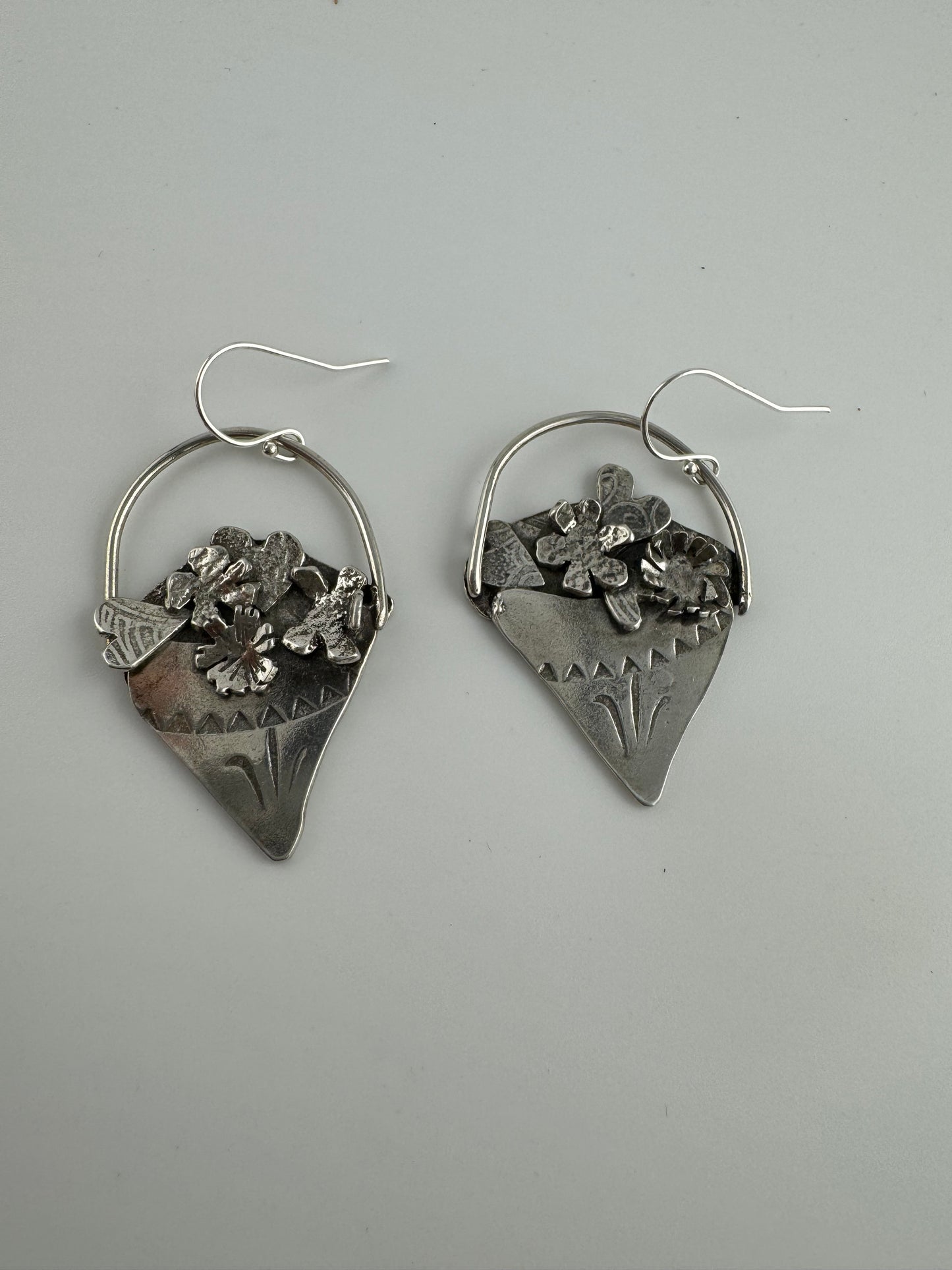 Silver flower basket earrings