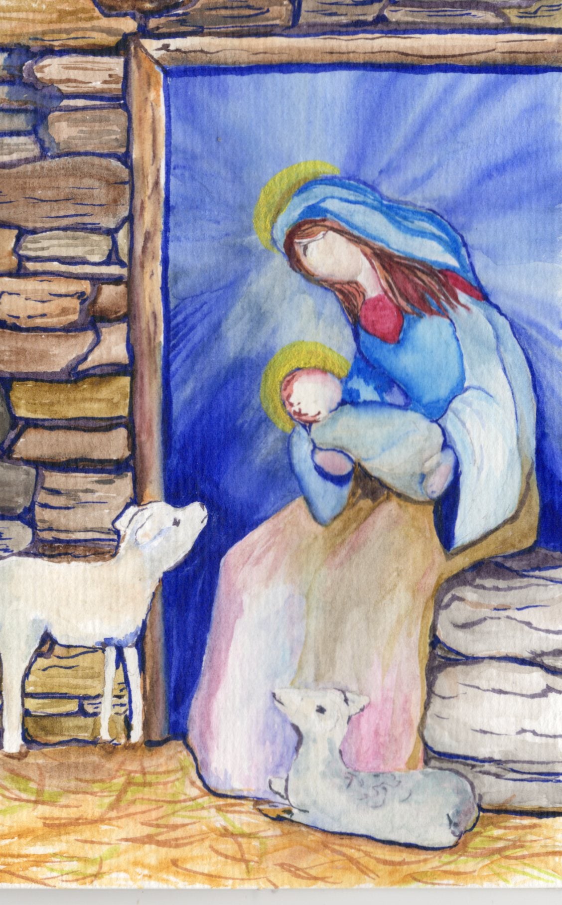 Tarjeta de felicitación navideña en blanco "En el establo"