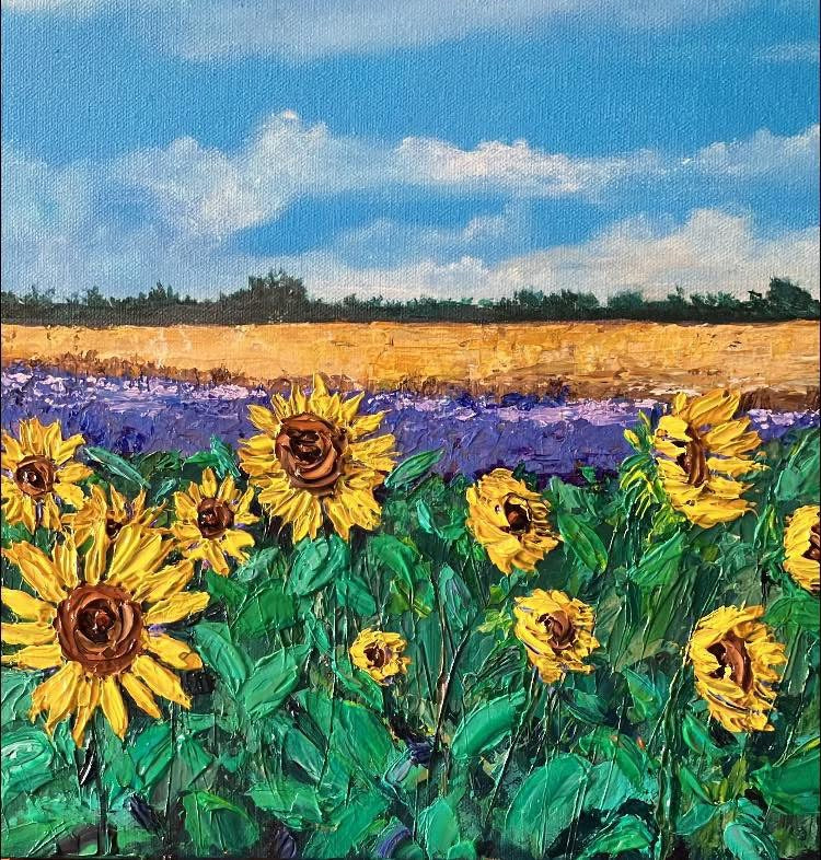 "Sunflower Fields" Original Impasto Acrylic Painting on Notecard