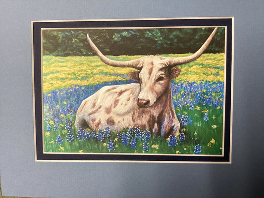 Texas Longhorn in Bluebonnets reproduction print