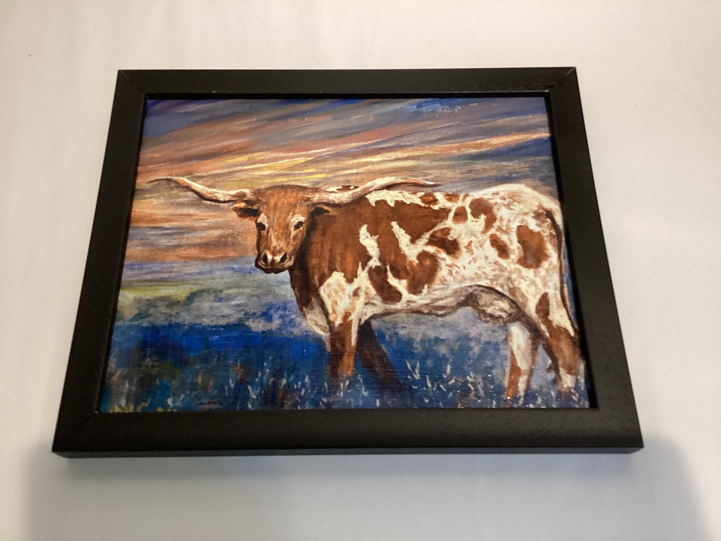 Longhorn at Sunset Acrylic Embellished Canvas print framed