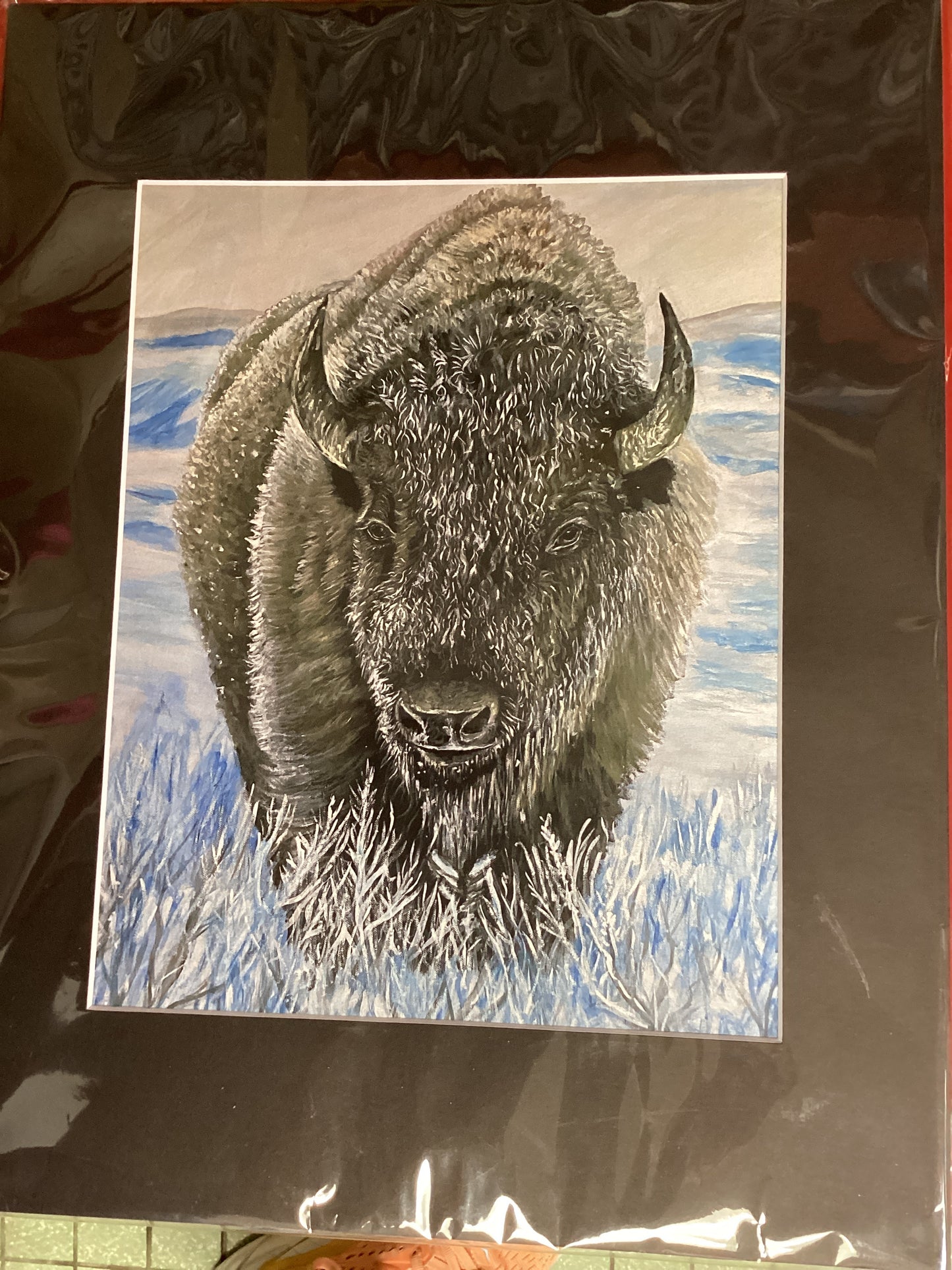 Buffalo In Snow matted reproduction Print
