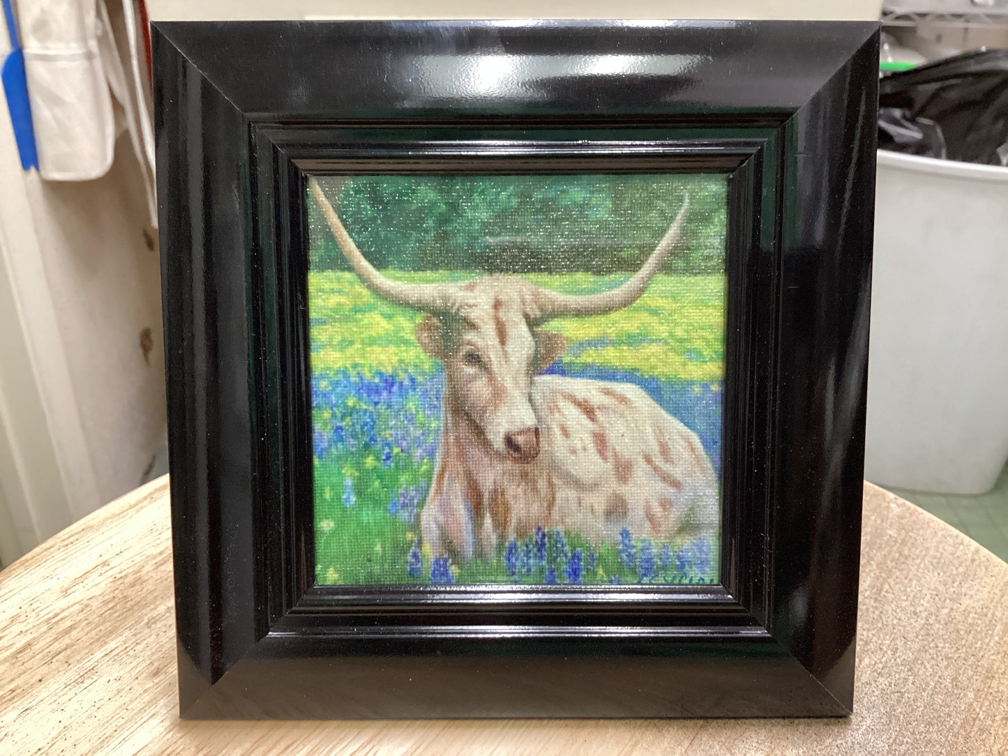 Texas Longhorn in Field of Blue Bonnets Field Canvas Embellished Print framed