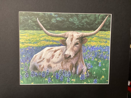 Texas Longhorn in Bluebonnet Field Reproduction Print