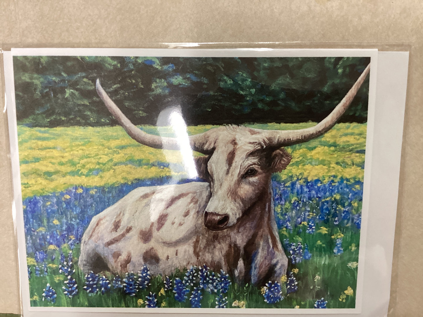 Texas Longhorn in bluebonnet field card