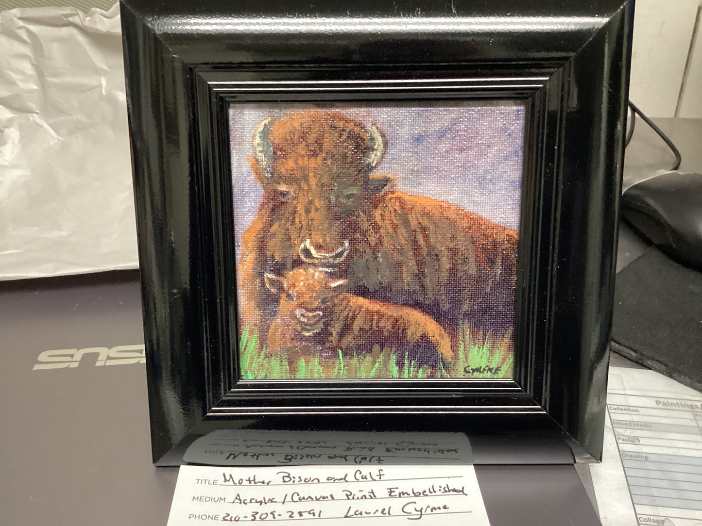 Mother Buffalo and Calf Embellished Print on canvas framed