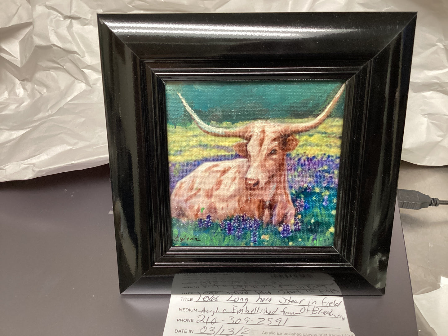 Texas Longhorn in Bluebonnet Field Embellished Canvas Print
