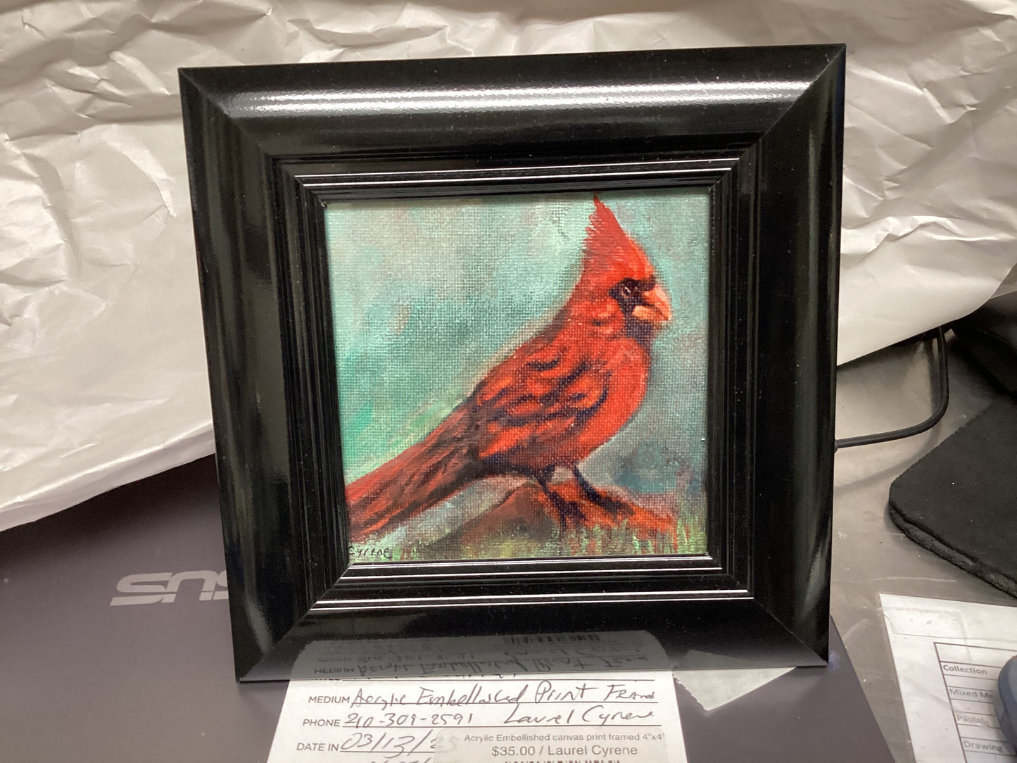Red Cardinal Embellished Canvas Print framed