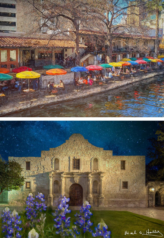 2 Greeting Cards - Alamo in Bluebonnets and Umbrellas