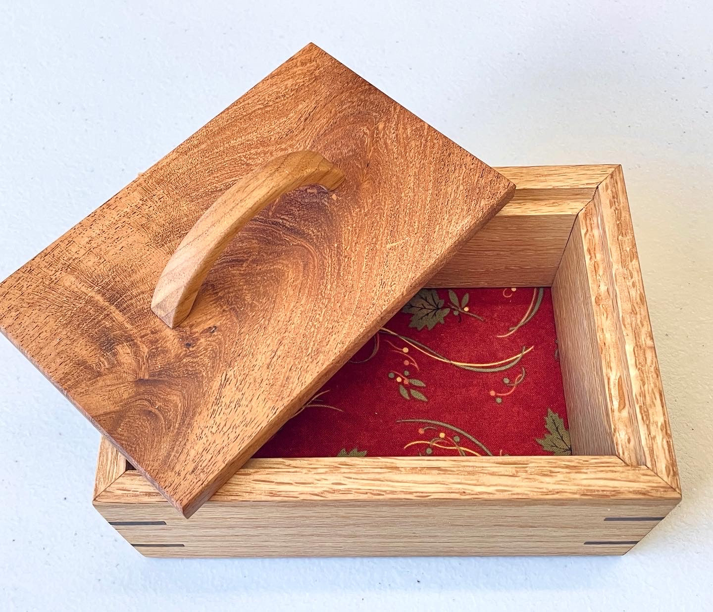 7x5x3 Red oak/Mesquite, fabric lined keepsake box
