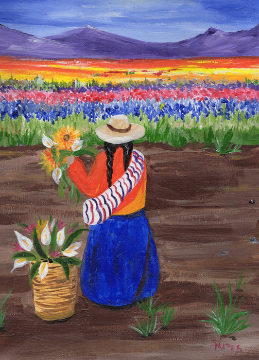 Tarjeta de felicitación con impresión de pintura acrílica original "Recolectando flores en Perú".