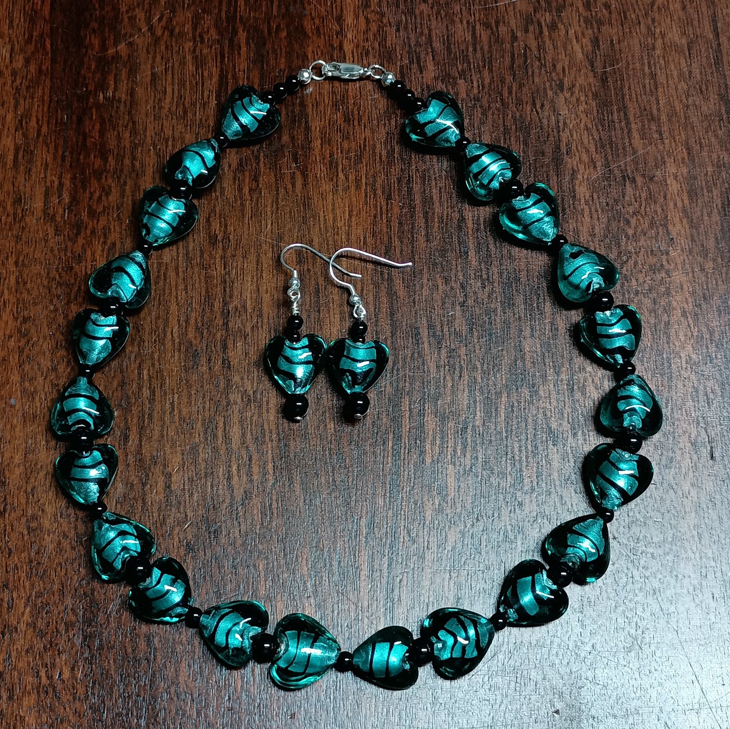 Teal Lampwork Heart Necklace Set