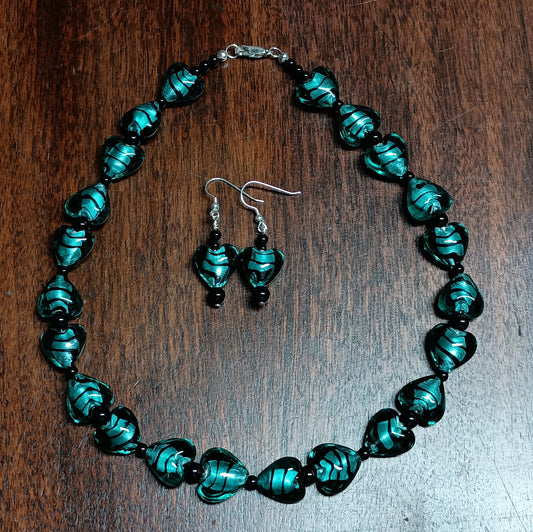 Teal Lampwork Heart Necklace Set
