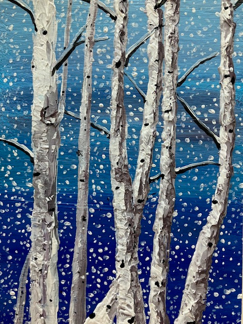 "HELLO SNOW" - original impasto acrylic painting aspen trees on Notecard