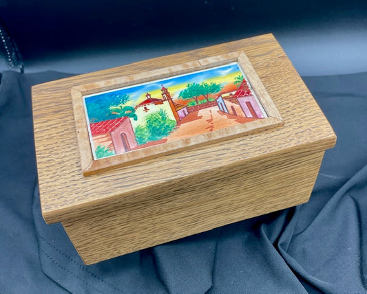 Caja de roble blanco macizo de Texas con azulejos incrustados de Antique Mx