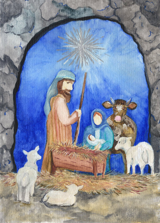 Tarjeta navideña con la frase "Adóralo" impresa en acuarela original