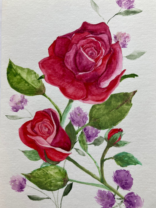 "Roses and Clover Fluffs" Original Watercolor Painting Red Roses Notecard