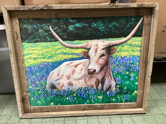 Longhorn in Field of Bluebonnets reproduction canvas print framed