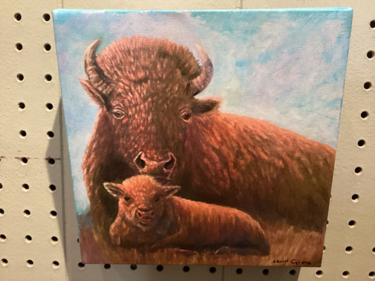 Mother and Newborn Bison Embellished Canvas Print