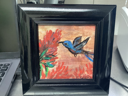Hummingbird by red flower Acrylic Painting
