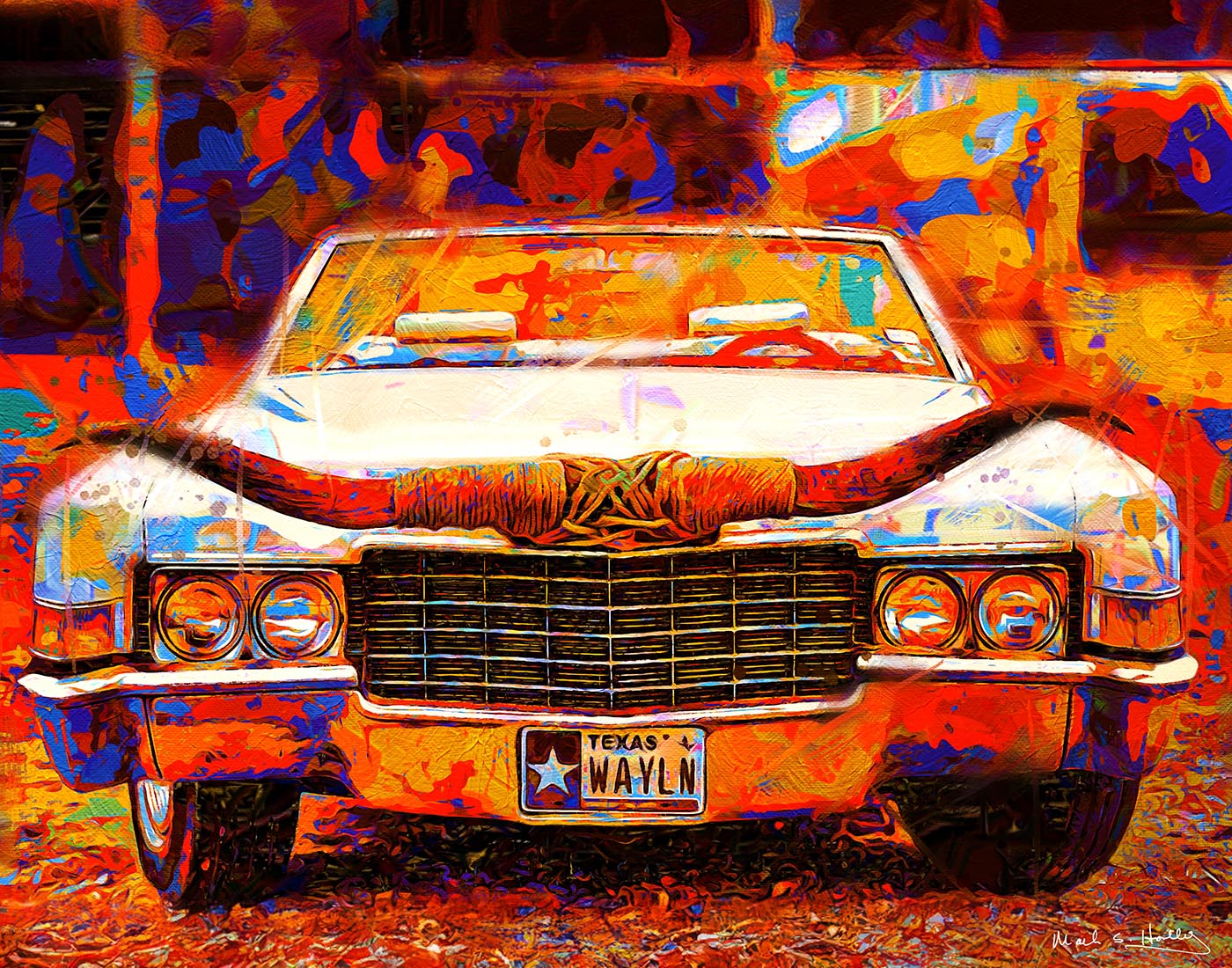 Longhorn Cadillac in Red Abstract Print Matted to 11x14