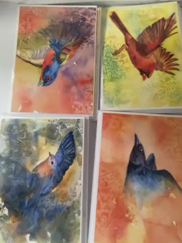 Vuelo matutino, 4 tarjetas impresas en acuarela