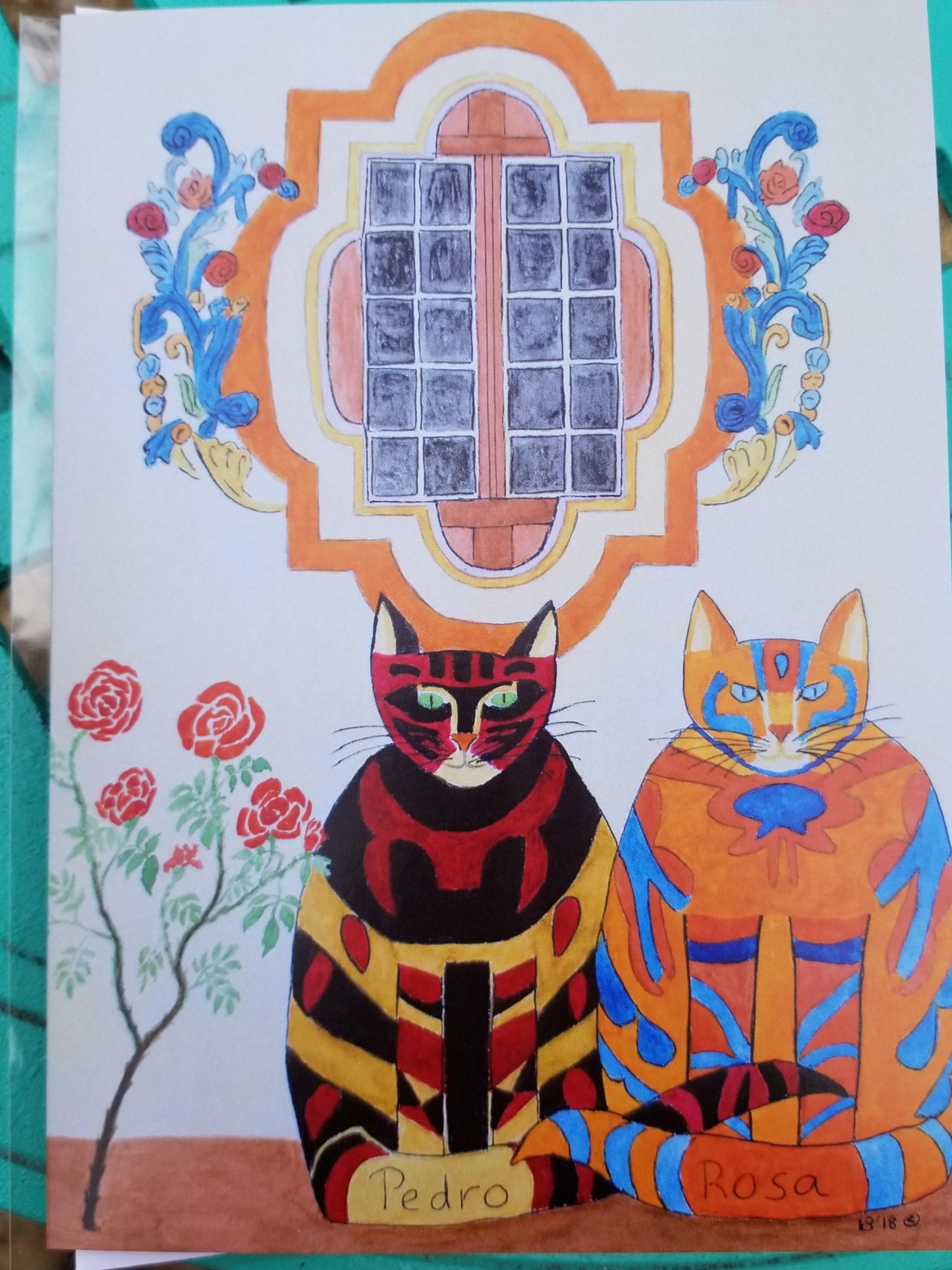 Set of 2 notecards Rosa and Pedro of the Rose Window, Happy Cats